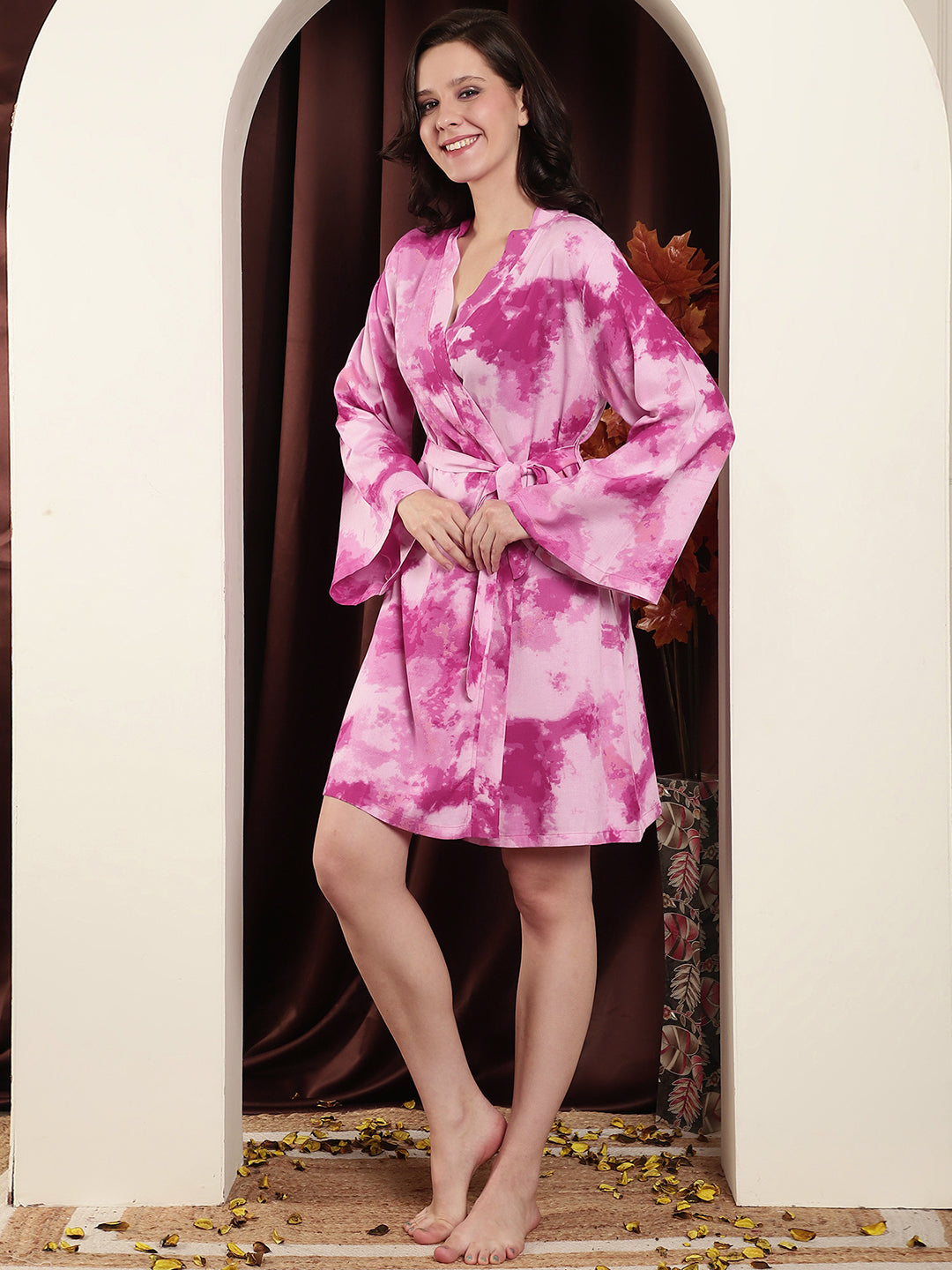 Pink Abstract Printed Viscose Rayon Robe For Women Claura Designs Pvt. Ltd. Robe Abstract, Kaftan_allsizes, Long Sleeves, Pink, Rayon, Robe, Sleepwear