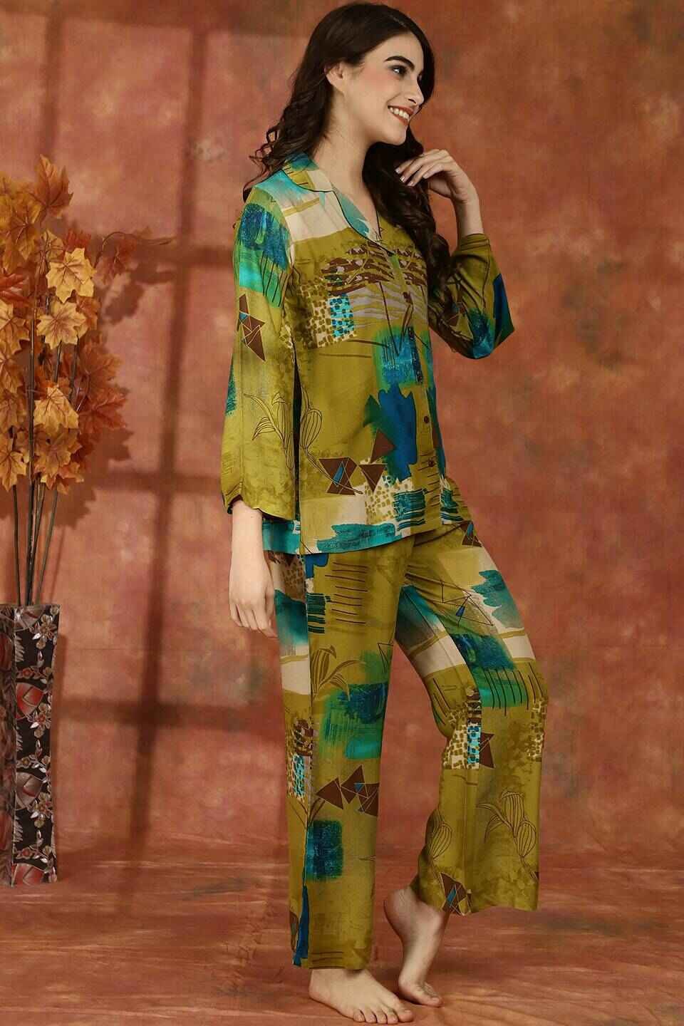 Green Color Abstract Printed Viscose Rayon Shirt With Pyjamas Night suit Claura Designs Pvt. Ltd. Nightsuit Abstract, green, Nightsuit, Printed, rayon, Shirt Collar, Sleepwear