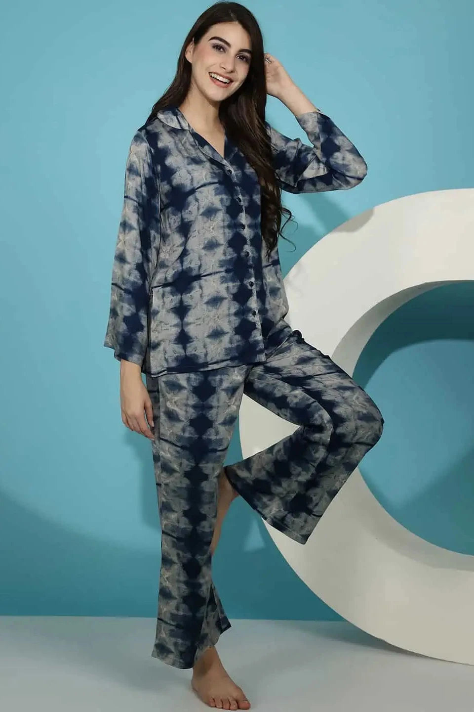 Blue Tie and Dye Printed Viscose Rayon Lapel Collar Shirt With Pyjamas Claura Designs Pvt. Ltd. Nightsuit blue, Nightsuit, Rayon, Shirt Collar, Sleepwear