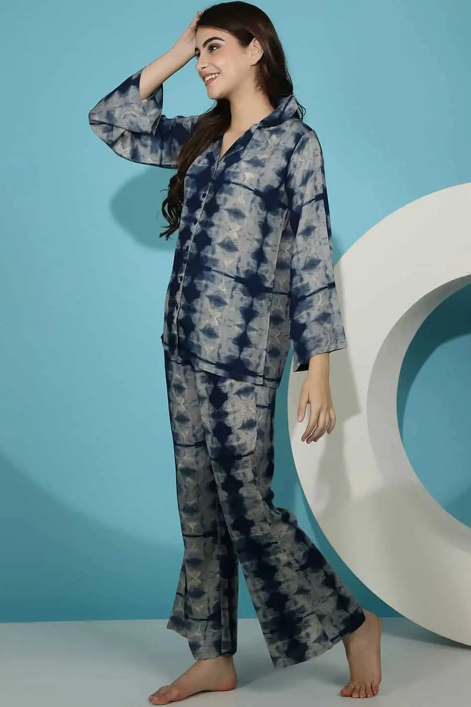 Blue Tie and Dye Printed Viscose Rayon Lapel Collar Shirt With Pyjamas Claura Designs Pvt. Ltd. Nightsuit blue, Nightsuit, Rayon, Shirt Collar, Sleepwear