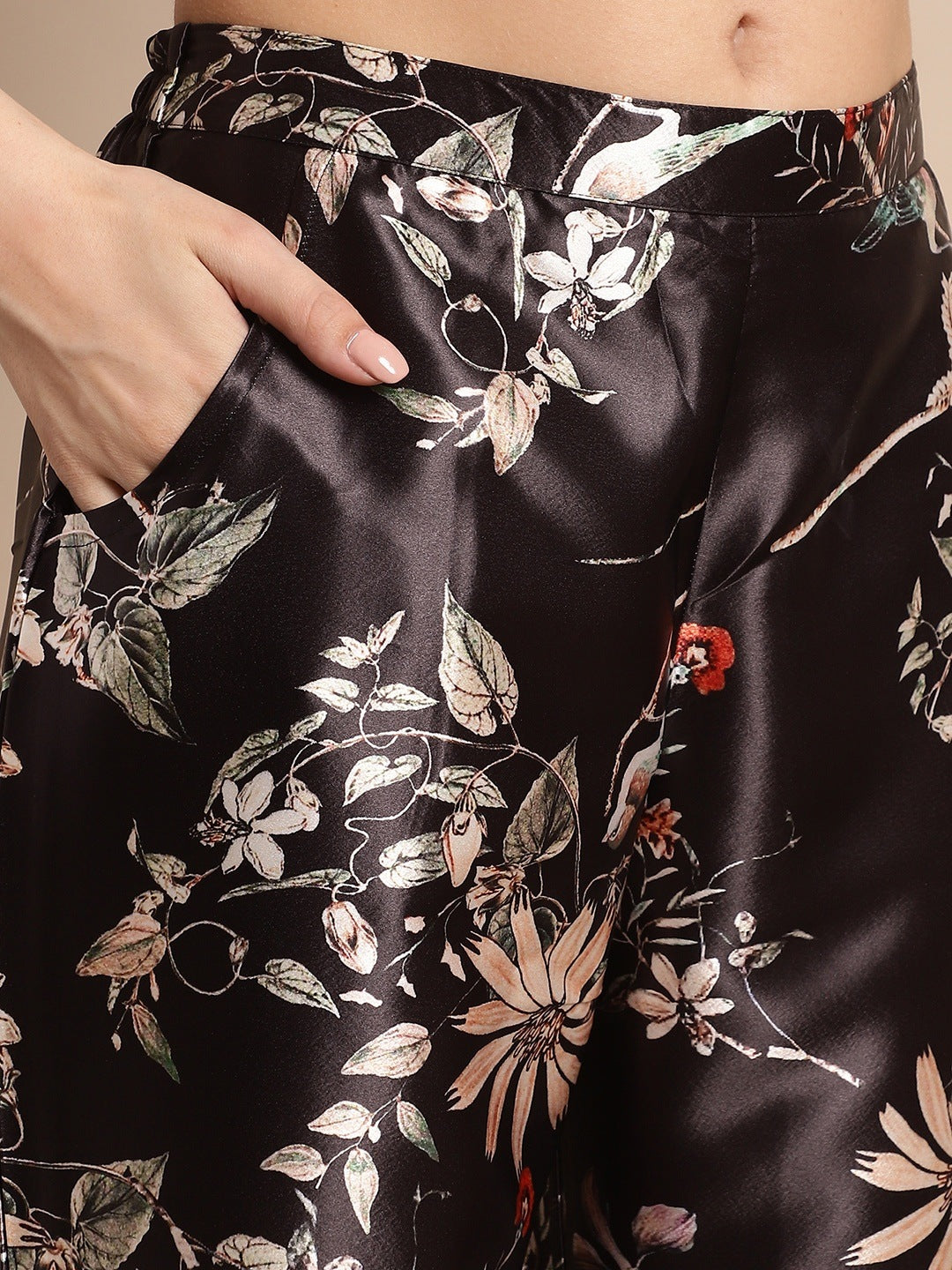 Black Floral Printed Silk Blend Co-ord Set Claura Designs Pvt. Ltd. Cord set Co-ord, Co-ord Set, Long Sleeves, Printed, Shirt Collar, silk blend