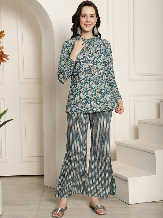 Blue Motif Printed Cotton Co-ord Set Claura Designs Pvt. Ltd. Cord set blue, Co-ord, Co-ord Set, Cotton, Ethnic, Floral