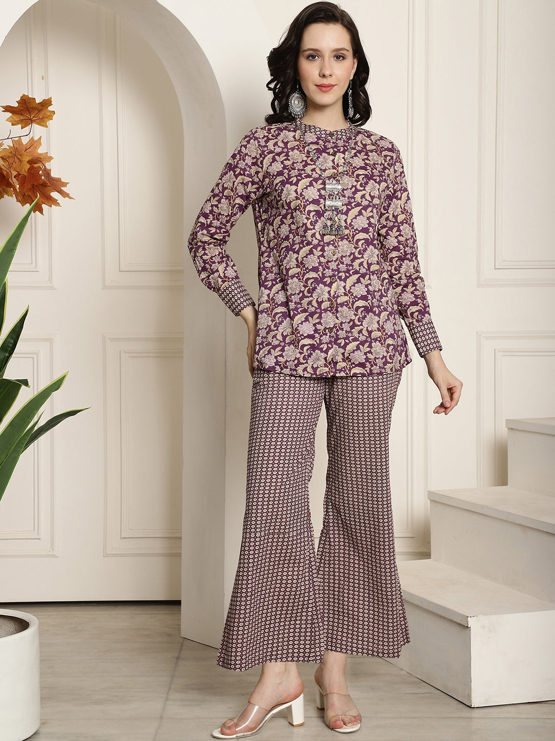 Purple Color Abstract Printed Cotton Co-ord Set Claura Designs Pvt. Ltd. Cord set Abstract, Chanderi Silk, Co-ord Set, Ethnic, Floral, Purple, Rayon