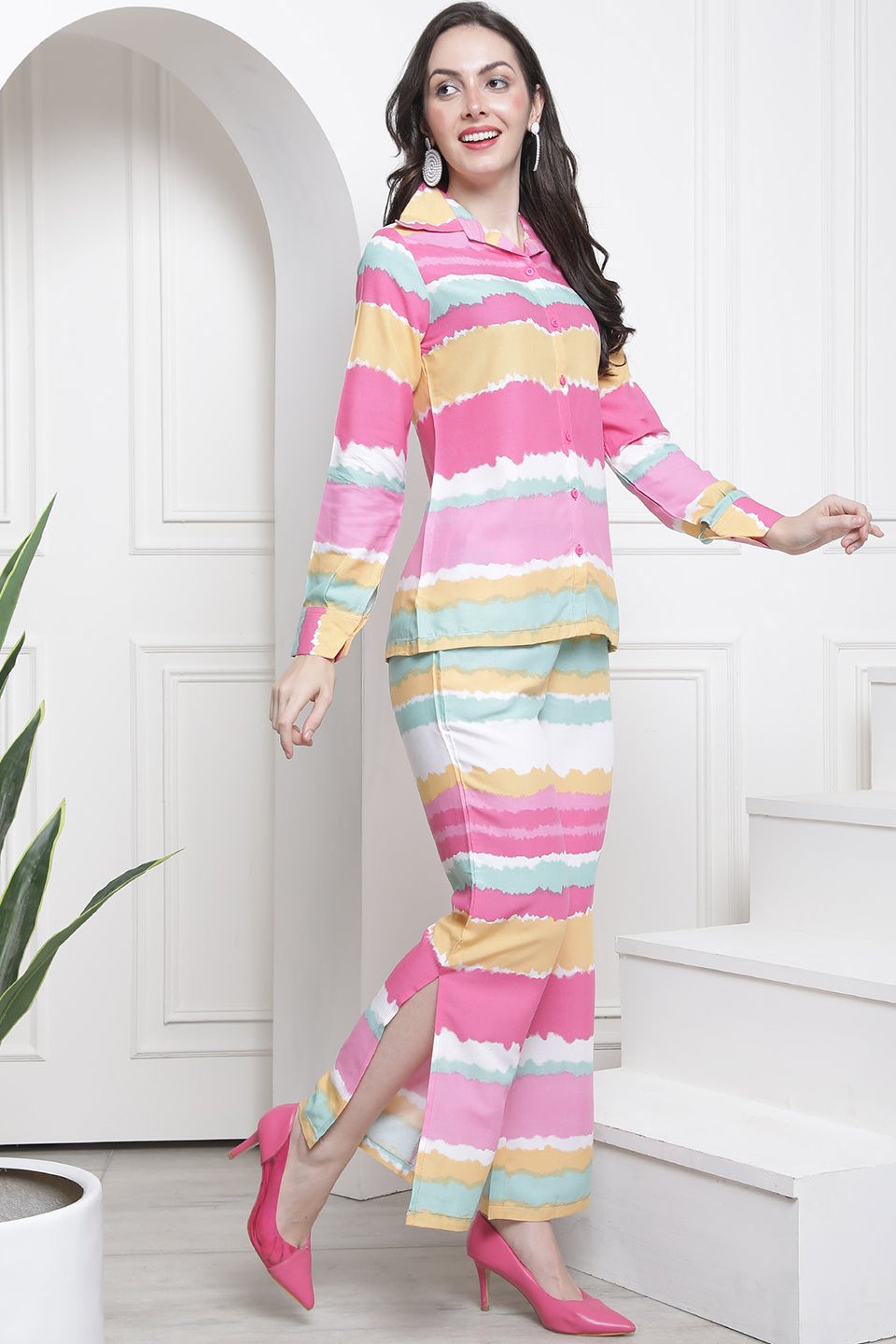 Pink Tie-Dye Printed Viscose Rayon Co-Ord Set for Women | Claura

