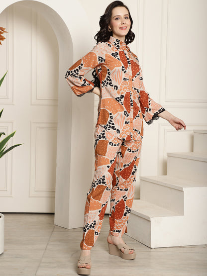 Brown Color Abstract Printed Viscose Rayon Co-ord Set Claura Designs Pvt. Ltd. Nightsuit Abstract, brown, Chanderi Silk, Co-ord Set, Ethnic, Floral, Rayon