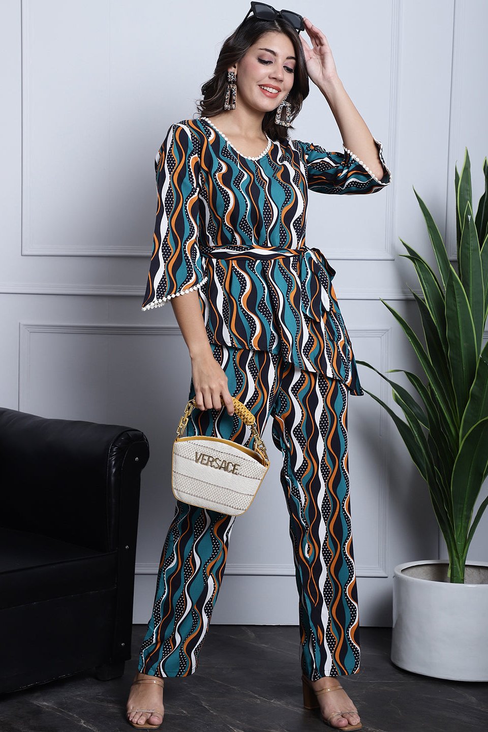 Green, Orange & White Geometric Printed Viscose Rayon Co-Ord Set for Women | Claura