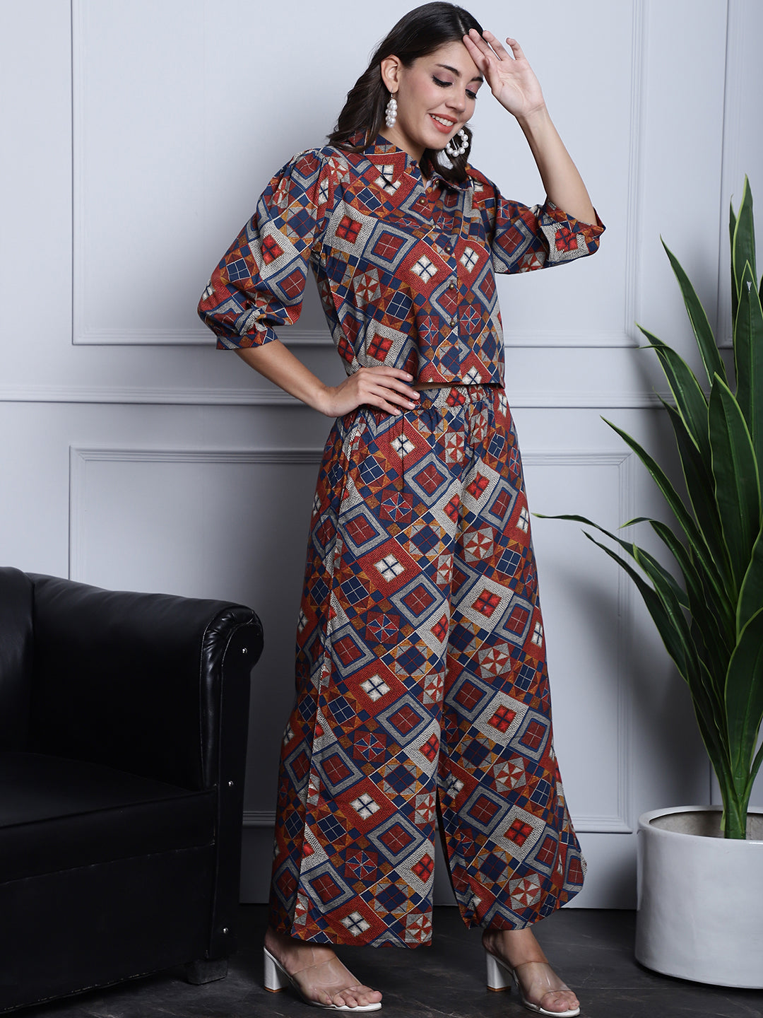Rust Color Abstract Printed Viscose Rayon Co-ord Set Claura Designs Pvt. Ltd. Cord set Abstract, Co-ord Set, Ethnic, Floral, Rayon, Rust color