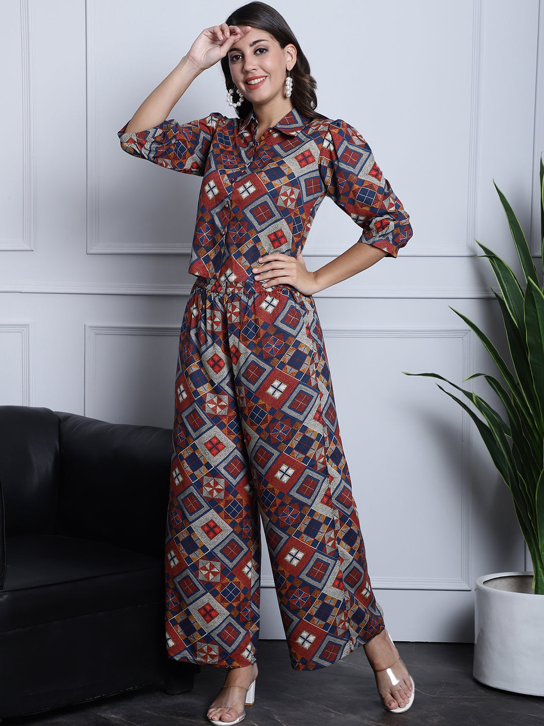 Rust Color Abstract Printed Viscose Rayon Co-ord Set Claura Designs Pvt. Ltd. Cord set Abstract, Co-ord Set, Ethnic, Floral, Rayon, Rust color