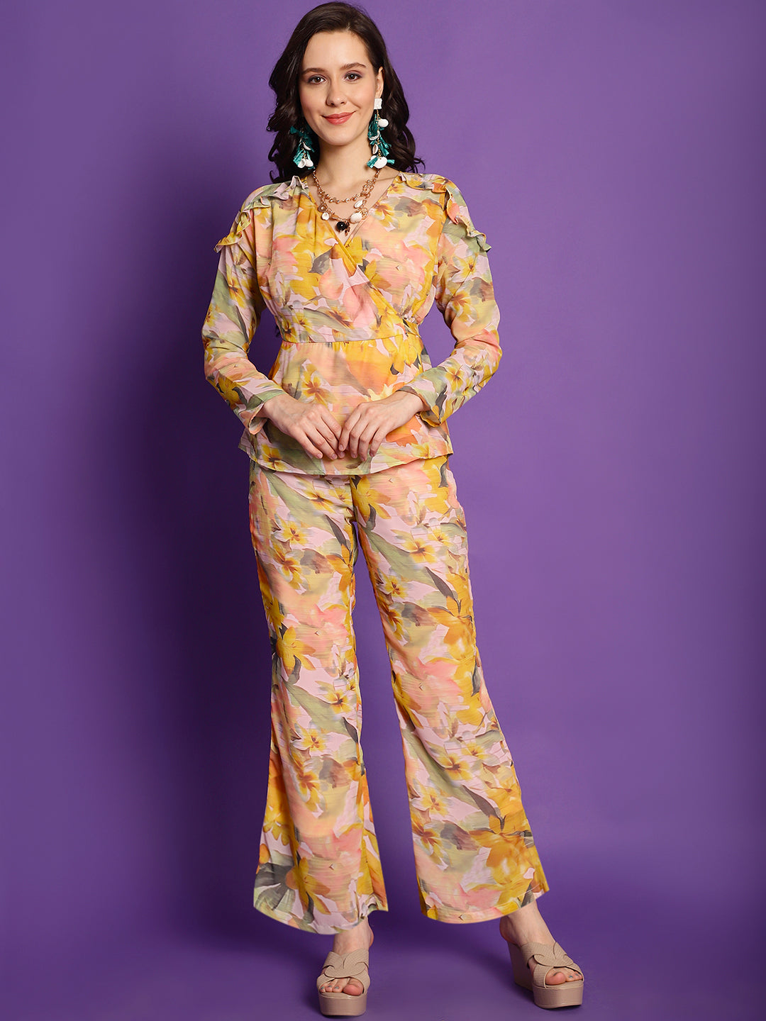 Yellow Floral Printed  Georgette Top With Palazzo Co-ord Set Claura Designs Pvt. Ltd. Cord set Chanderi Silk, Co-ord, Co-ord Set, Ethnic, Floral, Georgette, Rayon, Yellow