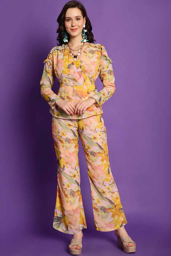Yellow Floral Top and Palazzo Georgette Co-Ord Set for Women