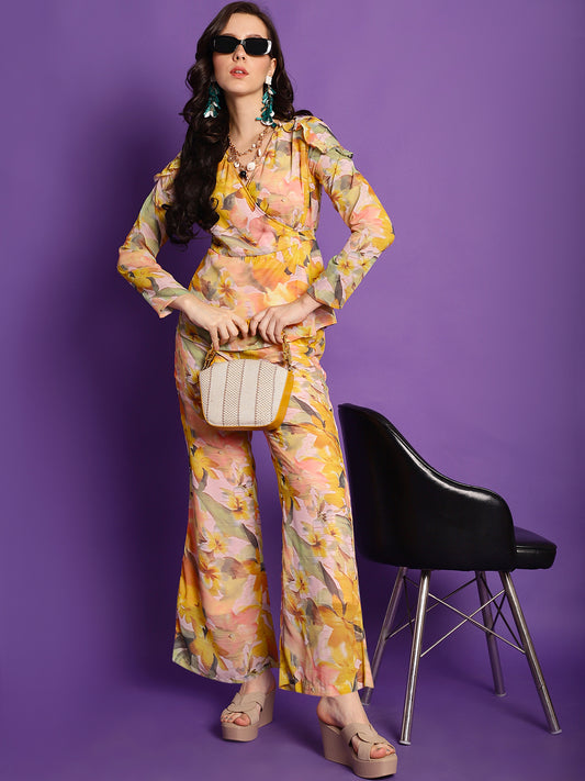 Yellow Floral Printed  Georgette Top With Palazzo Co-ord Set Claura Designs Pvt. Ltd. Cord set Chanderi Silk, Co-ord, Co-ord Set, Ethnic, Floral, Georgette, Rayon, Yellow