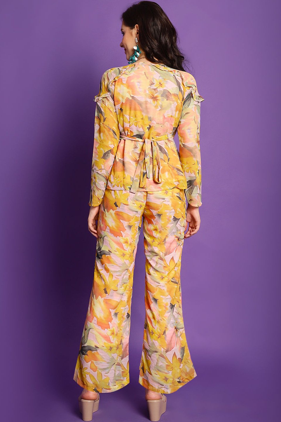 Yellow Floral Printed Georgette Top with Palazzo Co-Ord Set for Women | Claura