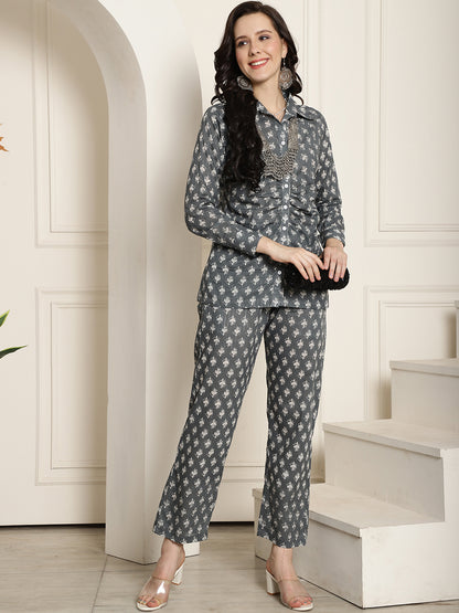 Grey Floral Printed Cotton Shirt With Trouser Co-ord Set Claura Designs Pvt. Ltd. Cord set Abstract, Chanderi Silk, Co-ord Set, Ethnic, Floral, Grey, Rayon