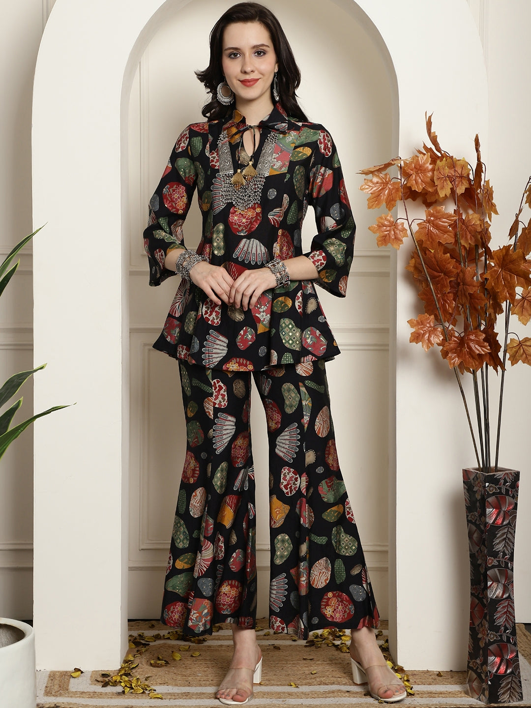 Black Floral Printed Viscose Rayon Tunic & Palazzo Co-ord Set Claura Designs Pvt. Ltd. Cord set Co-ord Set, Ethnic, Floral, Rayon