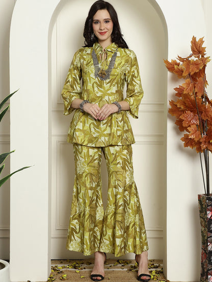 Green Floral Printed Chanderi Silk Tunic & Palazzo Ethnic Co-ord Set Claura Designs Pvt. Ltd. Cord set Abstract, Chanderi Silk, Co-ord Set, Ethnic, Floral, Green, Rayon