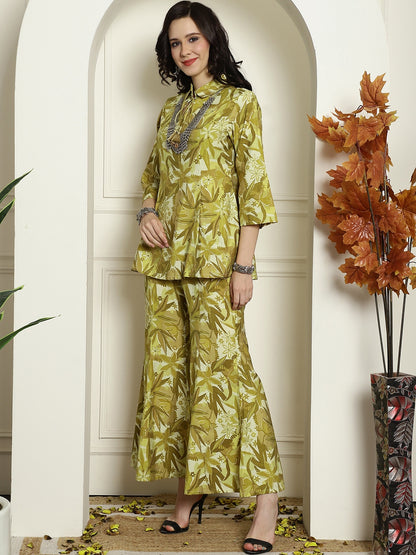 Green Floral Printed Chanderi Silk Tunic & Palazzo Ethnic Co-ord Set Claura Designs Pvt. Ltd. Cord set Abstract, Chanderi Silk, Co-ord Set, Ethnic, Floral, Green, Rayon