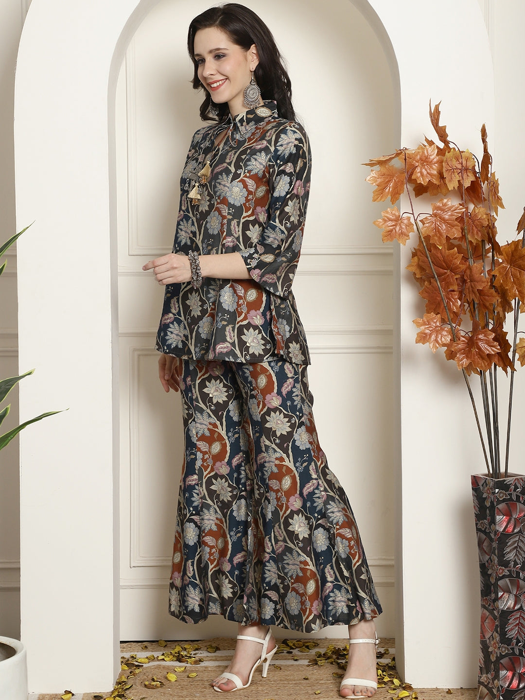 Multi Floral Printed Chanderi Silk Tunic & Palazzo Ethnic Co-ord Set Claura Designs Pvt. Ltd. Cord set Co-ord Set, Ethnic, Floral, multi color, Rayon