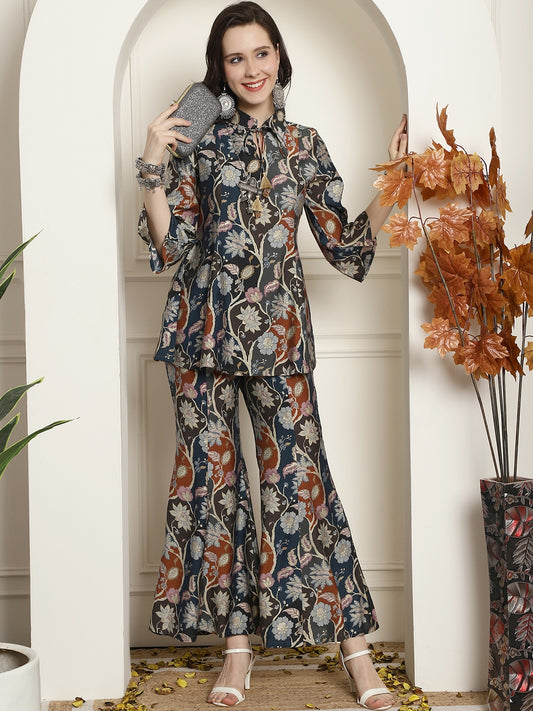 Multi Floral Printed Chanderi Silk Tunic & Palazzo Ethnic Co-ord Set Claura Designs Pvt. Ltd. Cord set Co-ord Set, Ethnic, Floral, multi color, Rayon