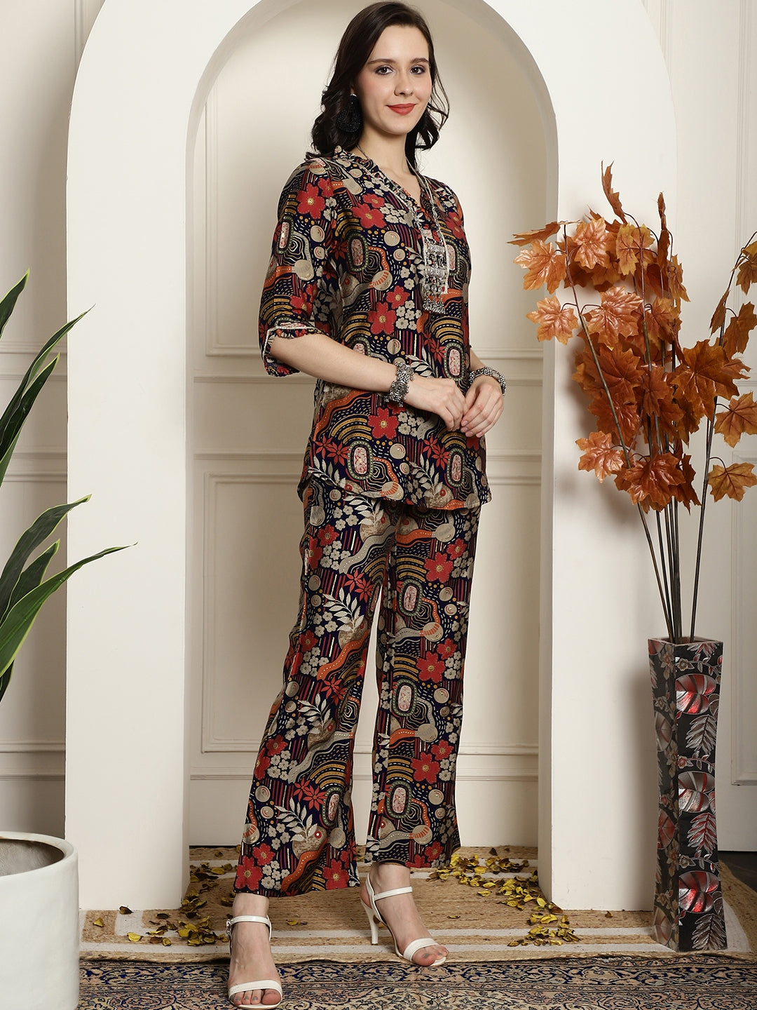 Navy Blue Abstract Printed Chanderi Silk Tunic with Palazzos Co-Ord Set for Women | Claura