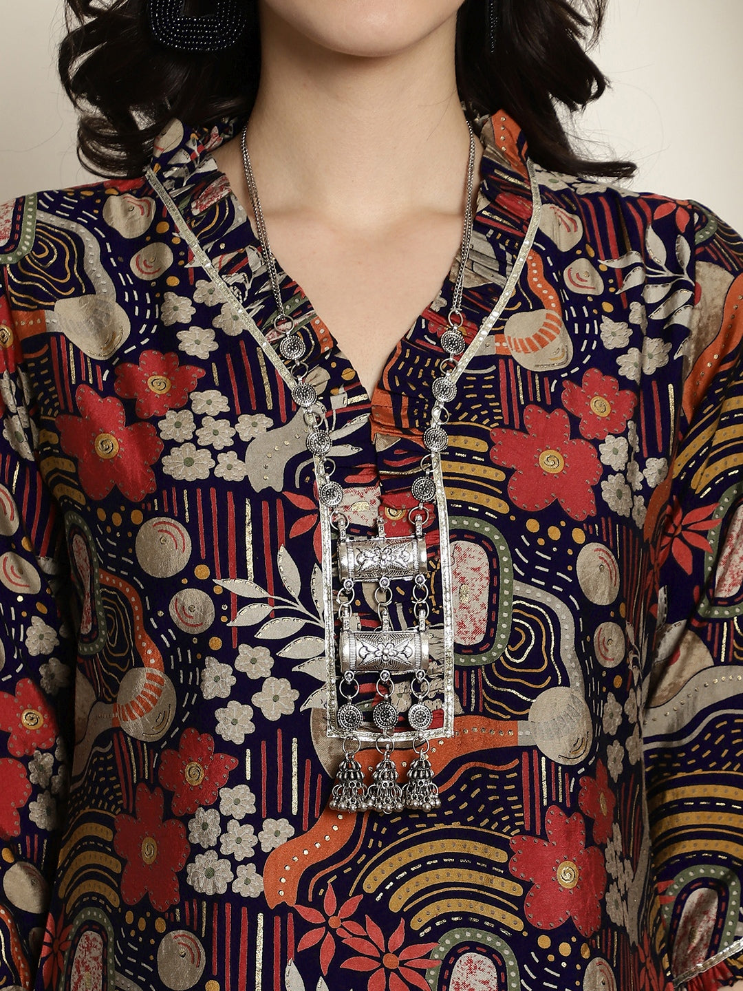 Navy Blue Abstract Printed Chanderi Silk Tunic with Palazzos Co-Ord Set for Women | Claura