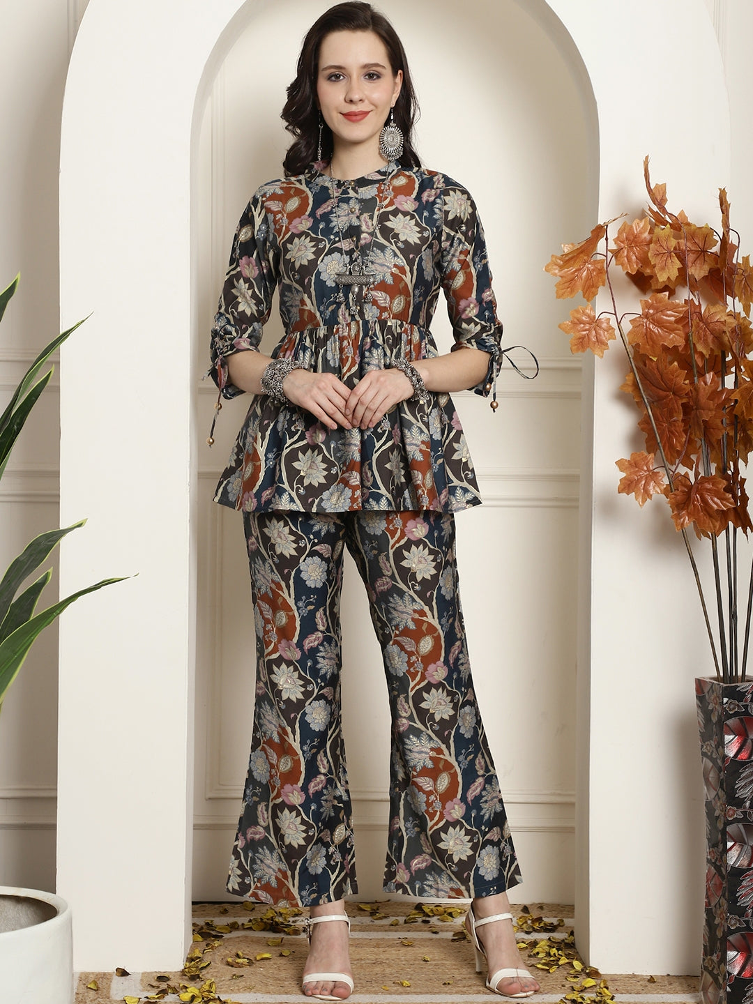Multi Color Floral Printed Chanderi Silk Tunic With Palazzos Co-ord Set Claura Designs Pvt. Ltd. Cord set Chanderi Silk, Co-ord Set, Ethnic, Floral, multi color, Rayon