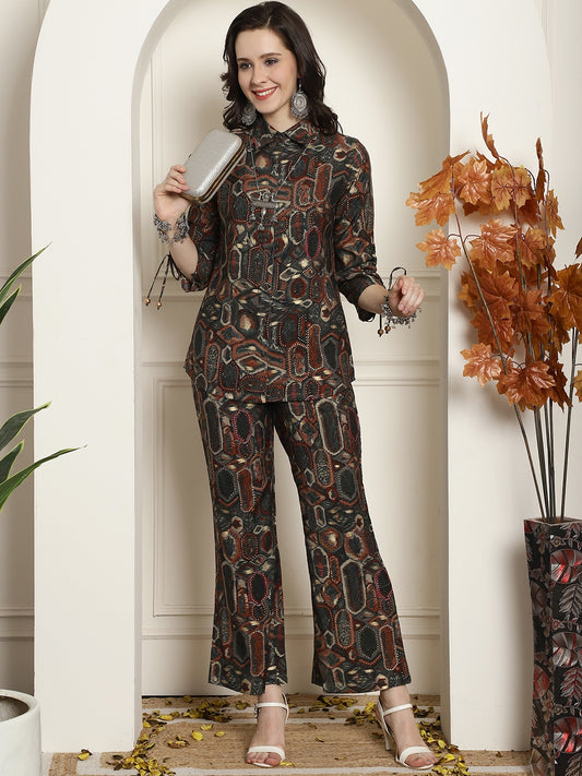 Grey Abstract Printed Chanderi Silk Tunic With Trousers Co-ord Set Claura Designs Pvt. Ltd. Cord set Abstract, Chanderi Silk, Co-ord Set, Ethnic, Floral, Grey, Rayon