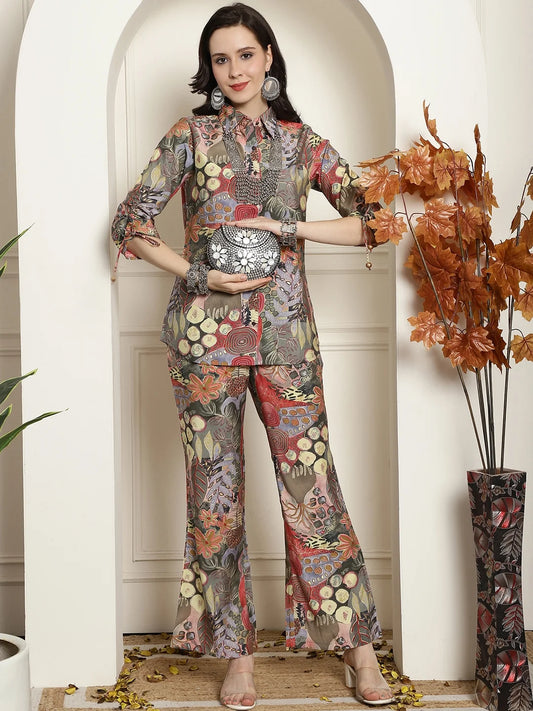 Pink Printed Chanderi Silk Tunic With Trousers Co-ord Set Claura Designs Pvt. Ltd. Co-ord set Abstract Printed, Co-ord, Co-ord Set, Ethnic, Pink, Rayon