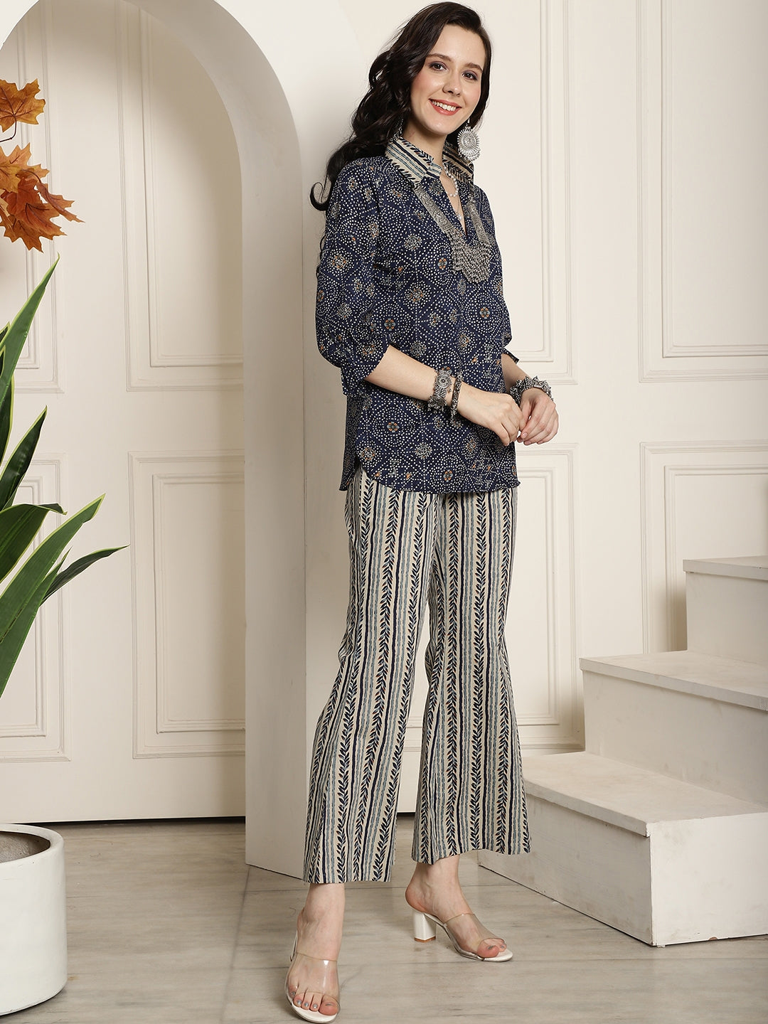 Blue Abstract Printed Cotton Top With Palazzo Co-ord Set Claura Designs Pvt. Ltd. Cord set Co-ord, Cotton, Floral, Printed