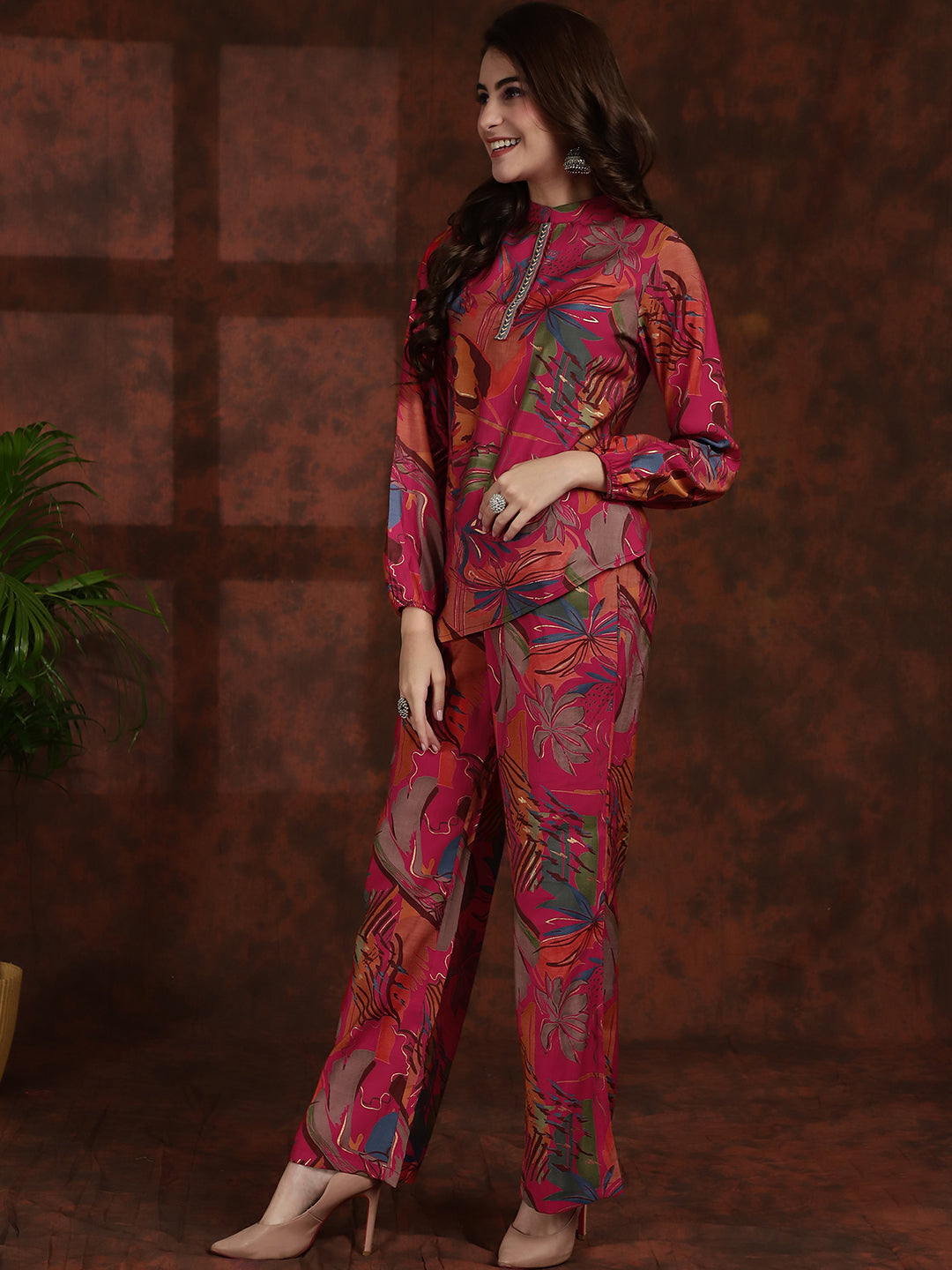 Pink Floral Printed Chanderi Silk Tunic & Palazzo Ethnic Co-ord Set Claura Designs Pvt. Ltd. Cord set Chanderi Silk, Co-ord Set, Ethnic, Floral, Pink, Rayon