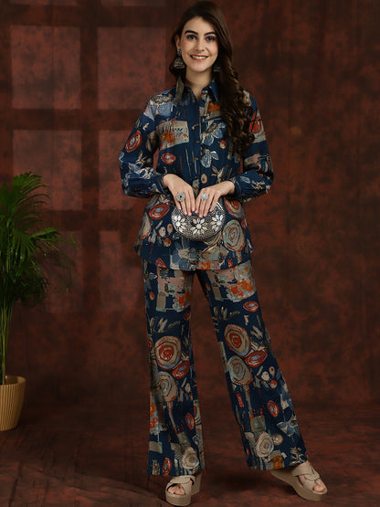 Navy Blue Abstract Chanderi Silk Shirt Collar Tunic With Trousers Co-ord Set Claura Designs Pvt. Ltd. Cord set Abstract Printed, Chanderi Silk, Co-ord Set, Ethnic, Navy Blue, Rayon