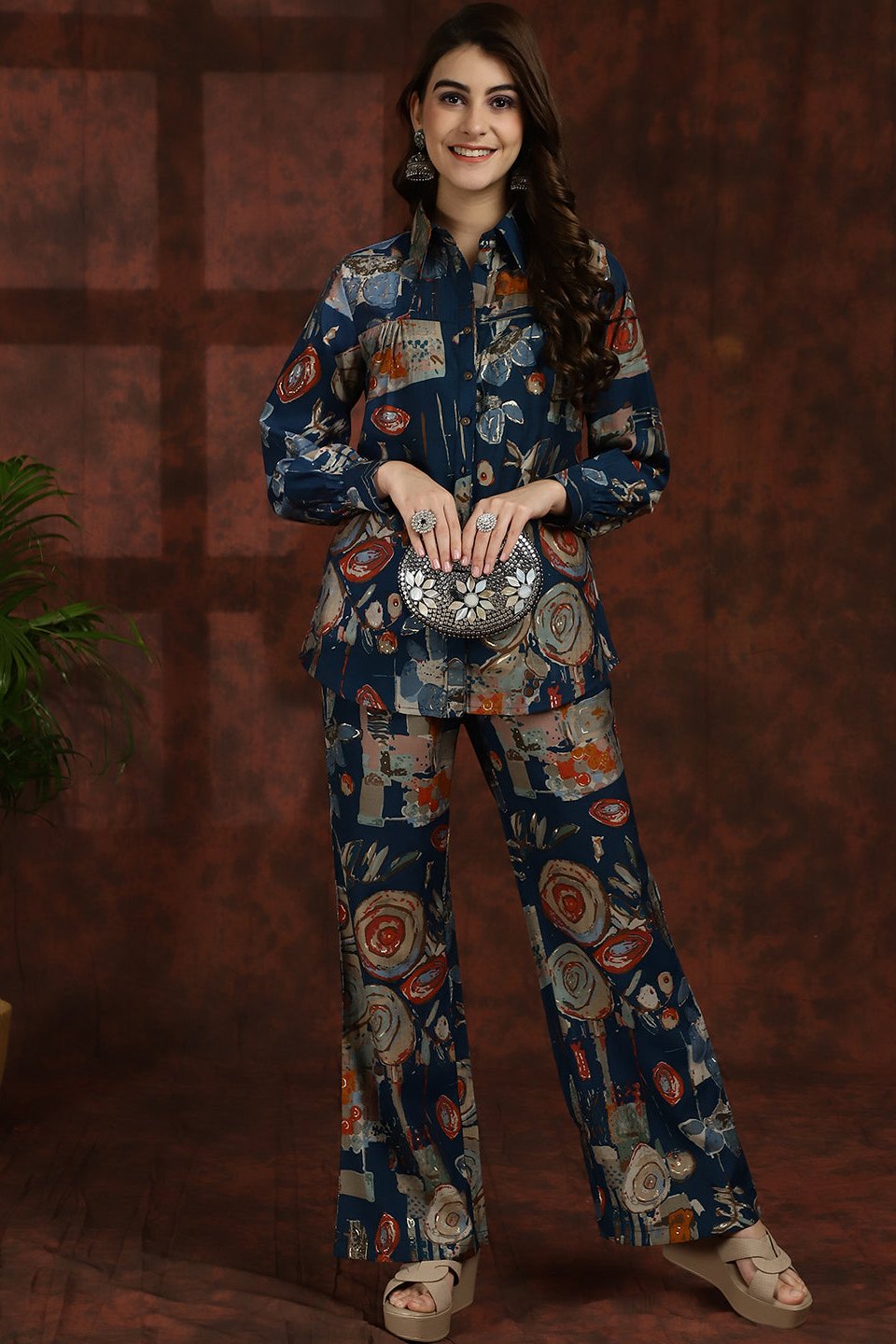 Navy Blue Abstract Chanderi Silk Shirt Collar Tunic With Trousers Co-ord Set Claura Designs Pvt. Ltd. Cord set Abstract Printed, Chanderi Silk, Co-ord Set, Ethnic, Navy Blue, Rayon