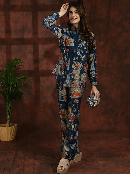 Navy Blue Abstract Chanderi Silk Shirt Collar Tunic With Trousers Co-ord Set Claura Designs Pvt. Ltd. Cord set Abstract Printed, Chanderi Silk, Co-ord Set, Ethnic, Navy Blue, Rayon