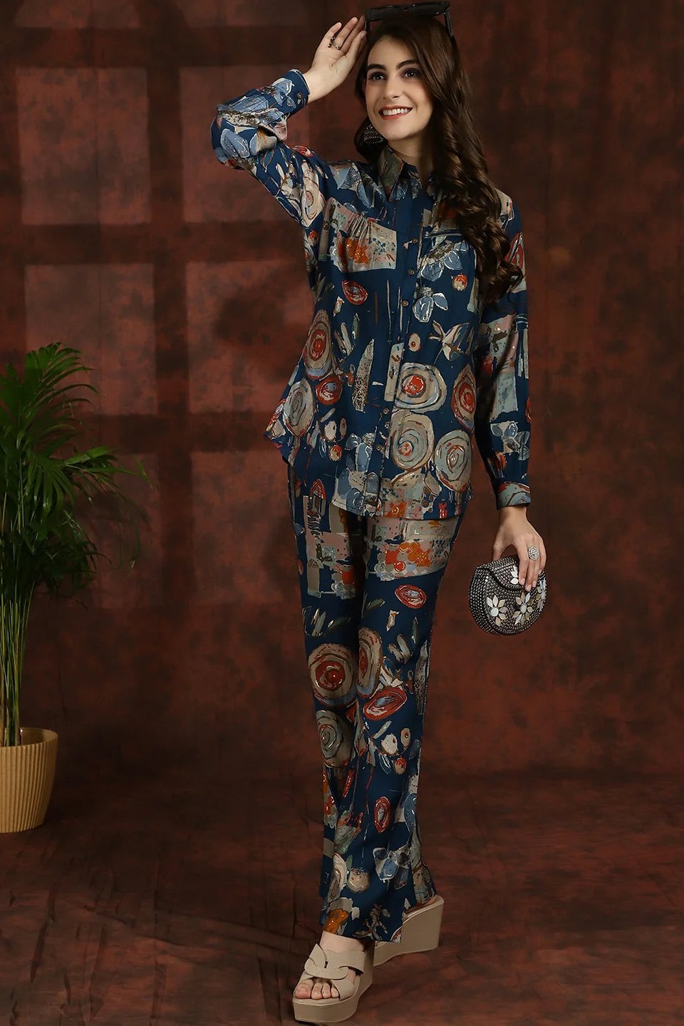 Navy Blue Abstract Chanderi Silk Shirt Collar Tunic With Trousers Co-ord Set Claura Designs Pvt. Ltd. Cord set Abstract Printed, Chanderi Silk, Co-ord Set, Ethnic, Navy Blue, Rayon