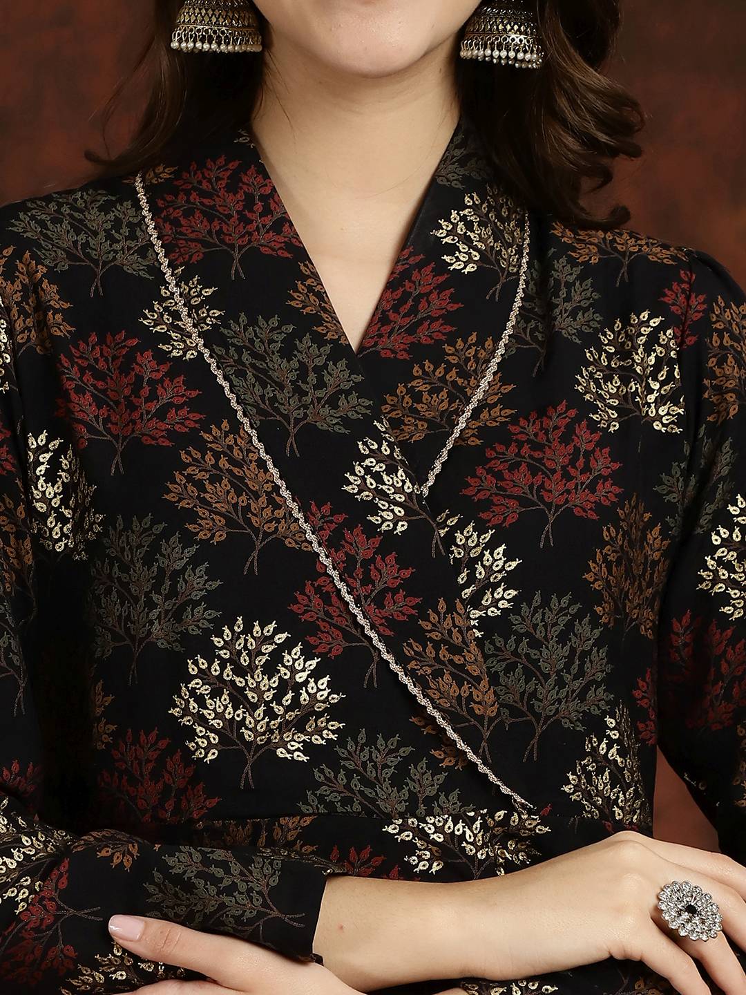 Black Ethnic Motifs Printed V-Neck Tunic with Flared Trouser Co-Ord Set for Women | Claura


