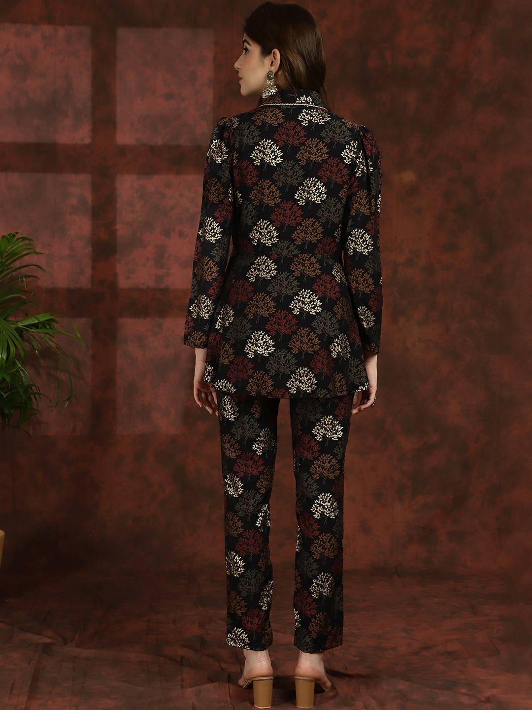 Black Ethnic Motifs Printed V-Neck Tunic with Flared Trouser Co-Ord Set for Women | Claura

