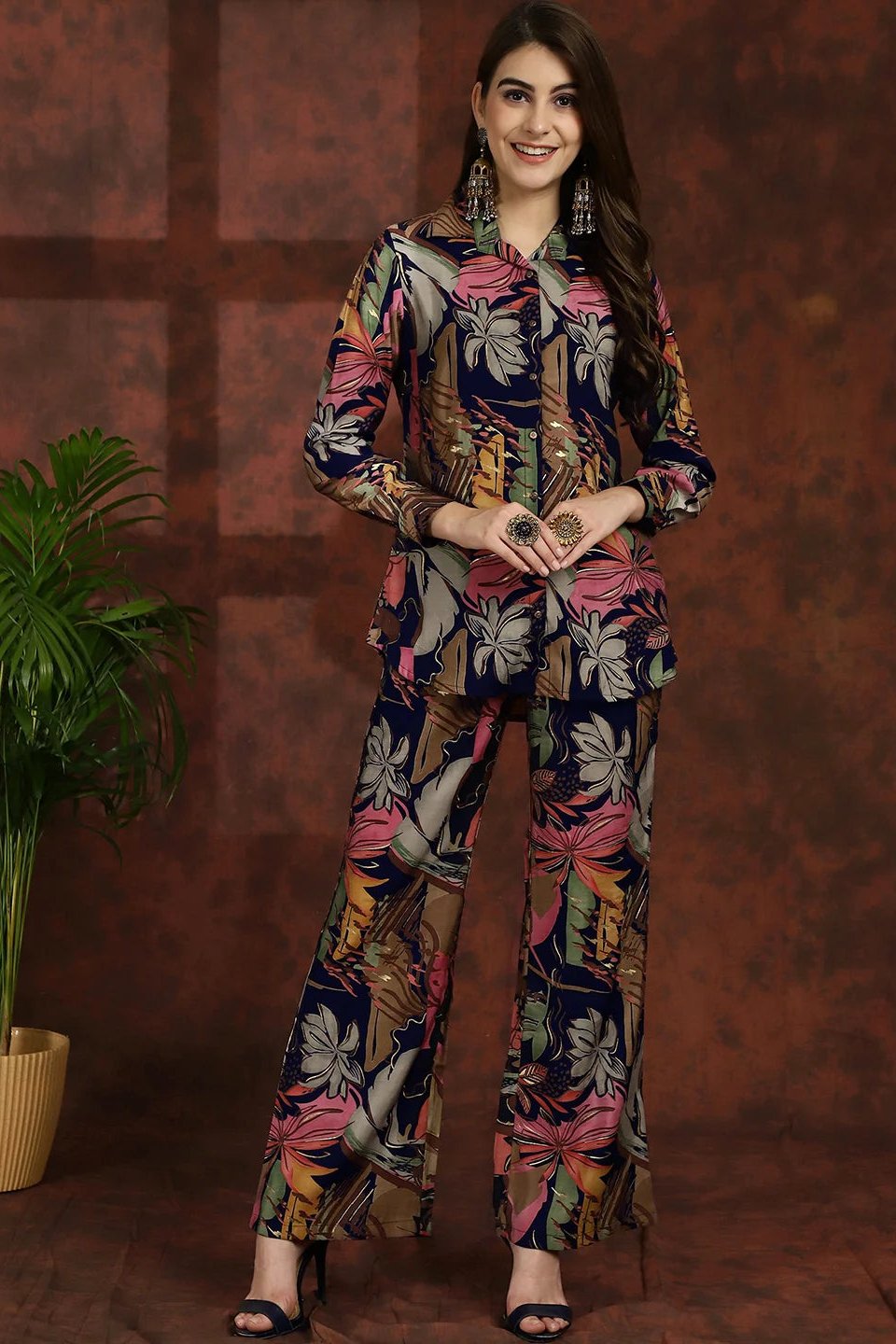 Navy Blue Floral Printed Chanderi Silk Tunic With Trousers Co-ord Set Claura Designs Pvt. Ltd. Cord set Abstract, Chanderi Silk, Co-ord, Co-ord Set, Ethnic, Floral, Navy Blue