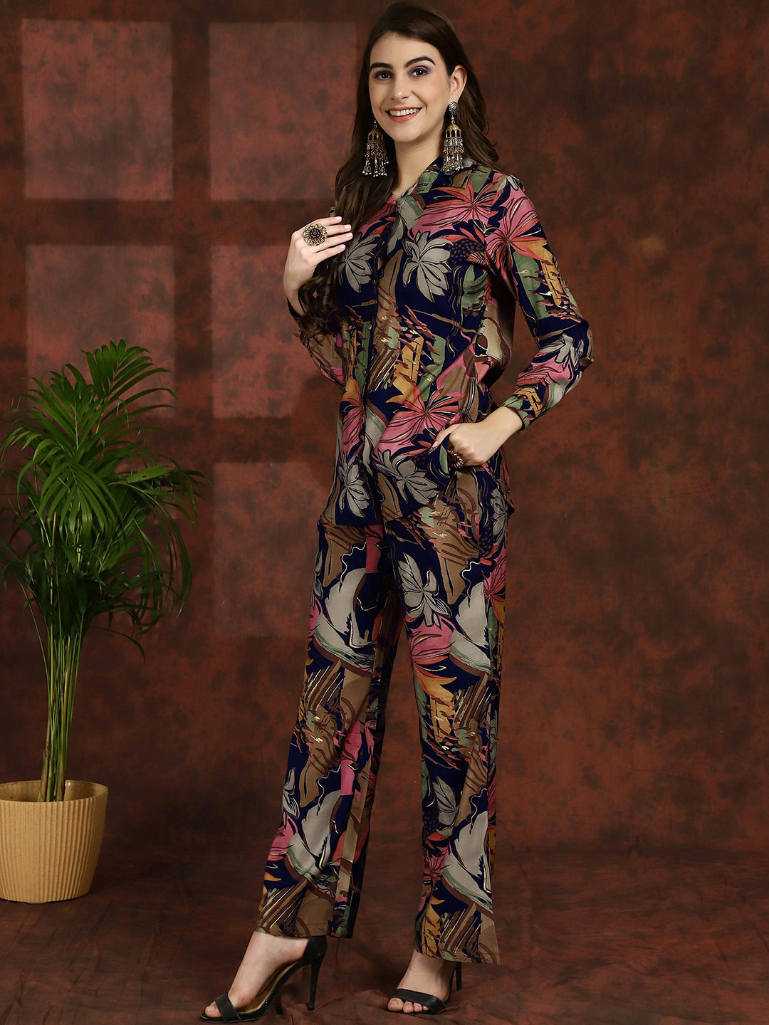 Navy Blue Floral Printed Chanderi Silk Tunic With Trousers Co-ord Set Claura Designs Pvt. Ltd. Cord set Abstract, Chanderi Silk, Co-ord, Co-ord Set, Ethnic, Floral, Navy Blue
