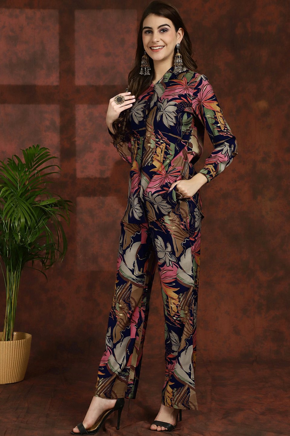 Navy Blue Floral Printed Chanderi Silk Tunic With Trousers Co-ord Set Claura Designs Pvt. Ltd. Cord set Abstract, Chanderi Silk, Co-ord, Co-ord Set, Ethnic, Floral, Navy Blue