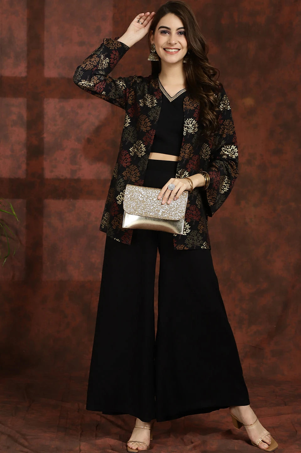Black Floral  Printed Chanderi Silk Top with Palazzo & Jacket Co-ord Set Claura Designs Pvt. Ltd. Cord set Chanderi Silk, Co-ord, Co-ord Set, Floral, Jacket, Rayon, Shrug