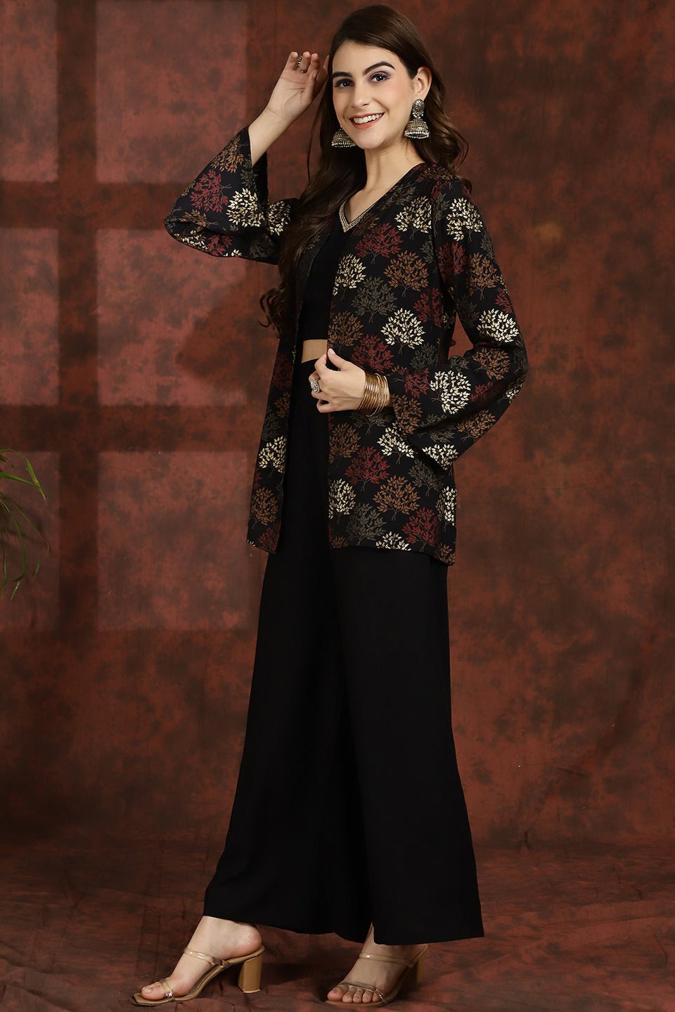 Black V-Neck Ethnic Printed Co-Ord Set with Palazzo & Jacket – Women's Luxury Fashion | Claura