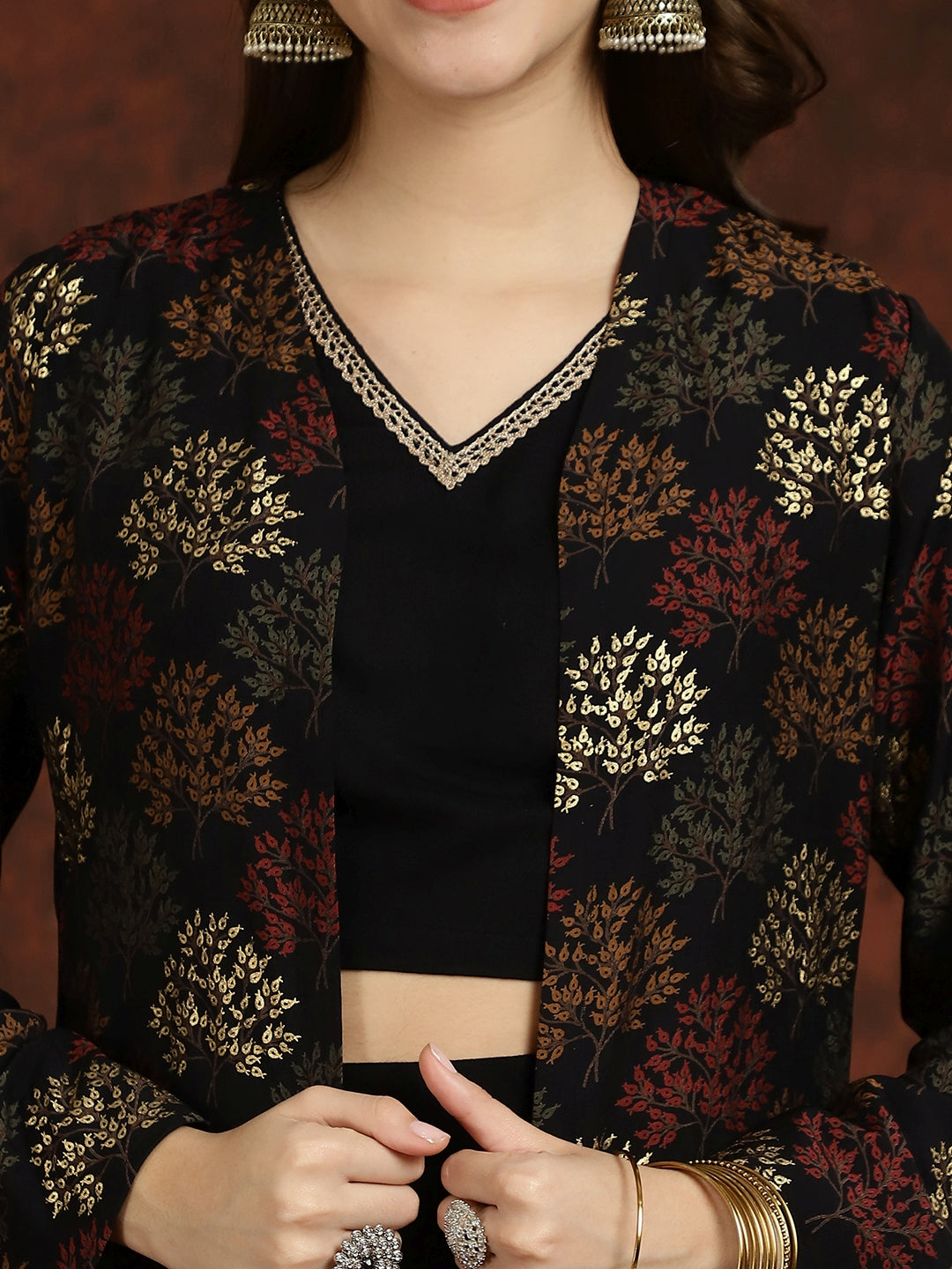 Black Floral  Printed Chanderi Silk Top with Palazzo & Jacket Co-ord Set Claura Designs Pvt. Ltd. Cord set Chanderi Silk, Co-ord, Co-ord Set, Floral, Jacket, Rayon, Shrug