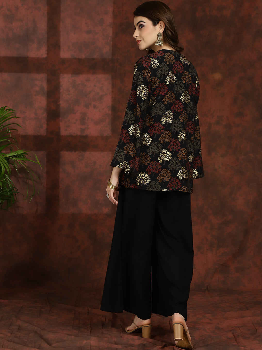 Black Floral  Printed Chanderi Silk Top with Palazzo & Jacket Co-ord Set Claura Designs Pvt. Ltd. Cord set Chanderi Silk, Co-ord, Co-ord Set, Floral, Jacket, Rayon, Shrug
