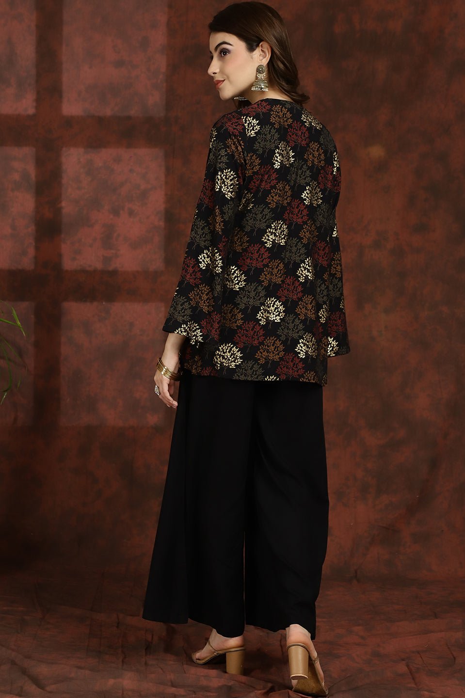 Black Floral  Printed Chanderi Silk Top with Palazzo & Jacket Co-ord Set Claura Designs Pvt. Ltd. Cord set Chanderi Silk, Co-ord, Co-ord Set, Floral, Jacket, Rayon, Shrug