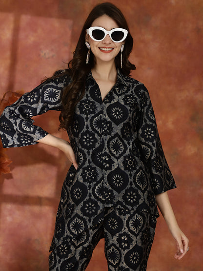 Black Abstract Printed Chanderi Silk Tunic With Trousers Co-ord Set Claura Designs Pvt. Ltd. Cord set Abstract, Co-ord Set, Ethnic, Printed, Rayon