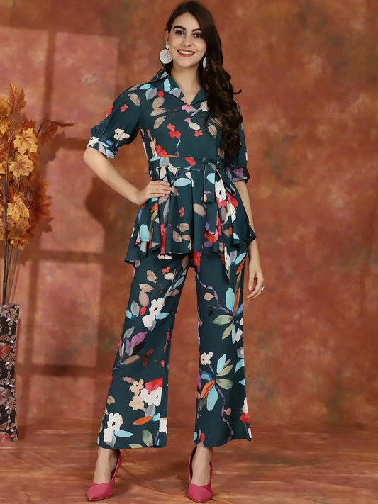 Green Floral Printed Viscose Rayon Notched Lapel Collar Top With Trouser Co-ord Set Claura Designs Pvt. Ltd. Cord set Abstract, Chanderi Silk, Co-ord Set, Ethnic, Floral, Green, Rayon