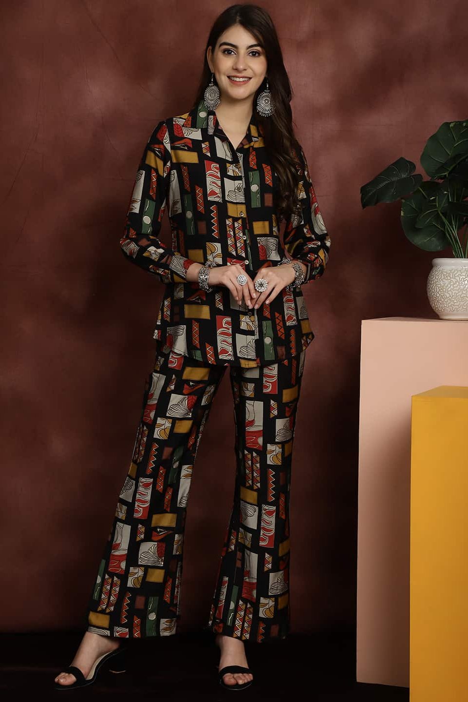 Black Abstract Printed Chanderi Silk Shirt With Trousers Co-ord Set Claura Designs Pvt. Ltd. Cord set Abstract, Chanderi Silk, Co-ord, Co-ord Set, Ethnic, Printed, Rayon