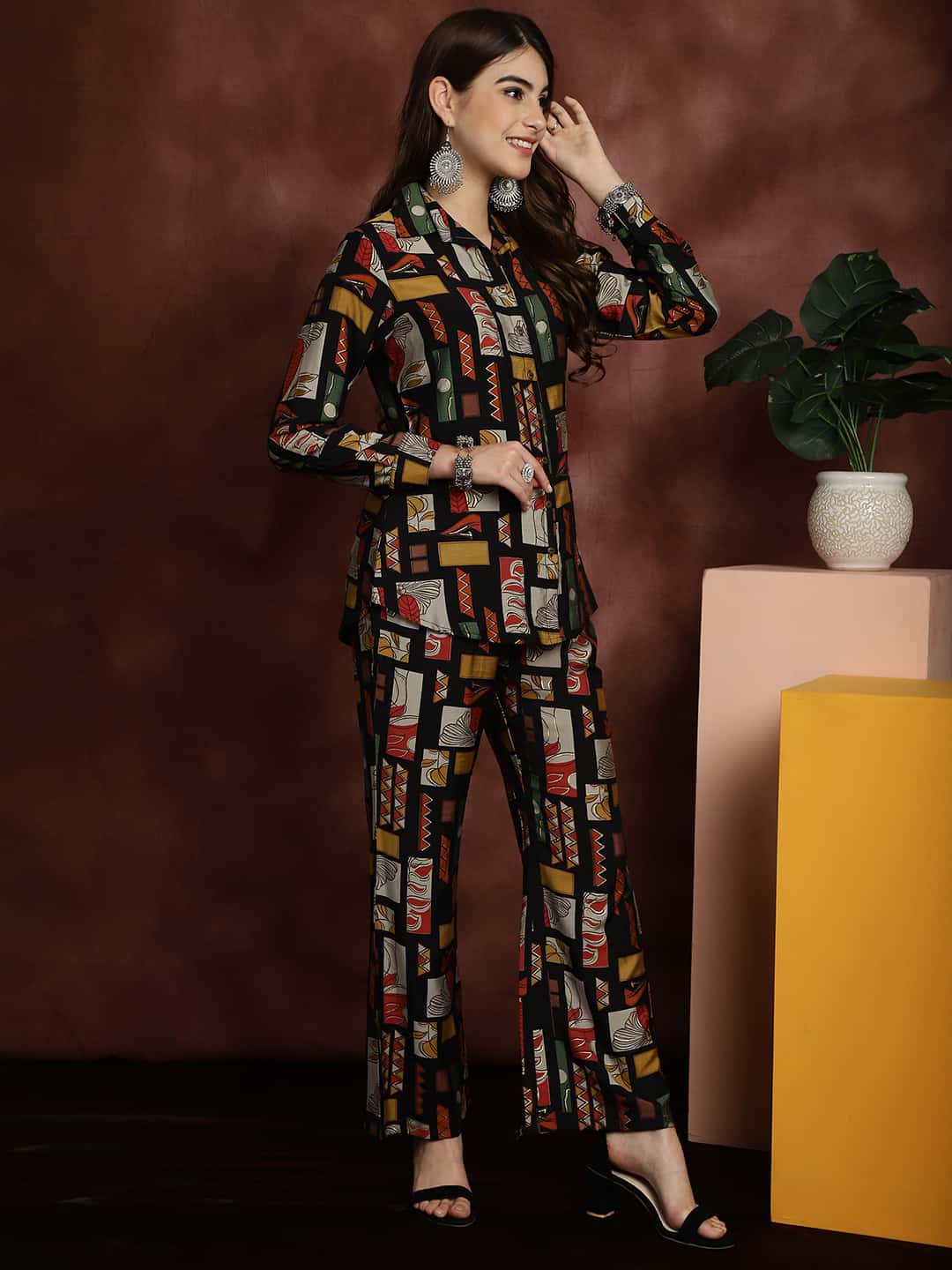 Black Abstract Printed Chanderi Silk Shirt With Trousers Co-ord Set Claura Designs Pvt. Ltd. Cord set Abstract, Chanderi Silk, Co-ord, Co-ord Set, Ethnic, Printed, Rayon