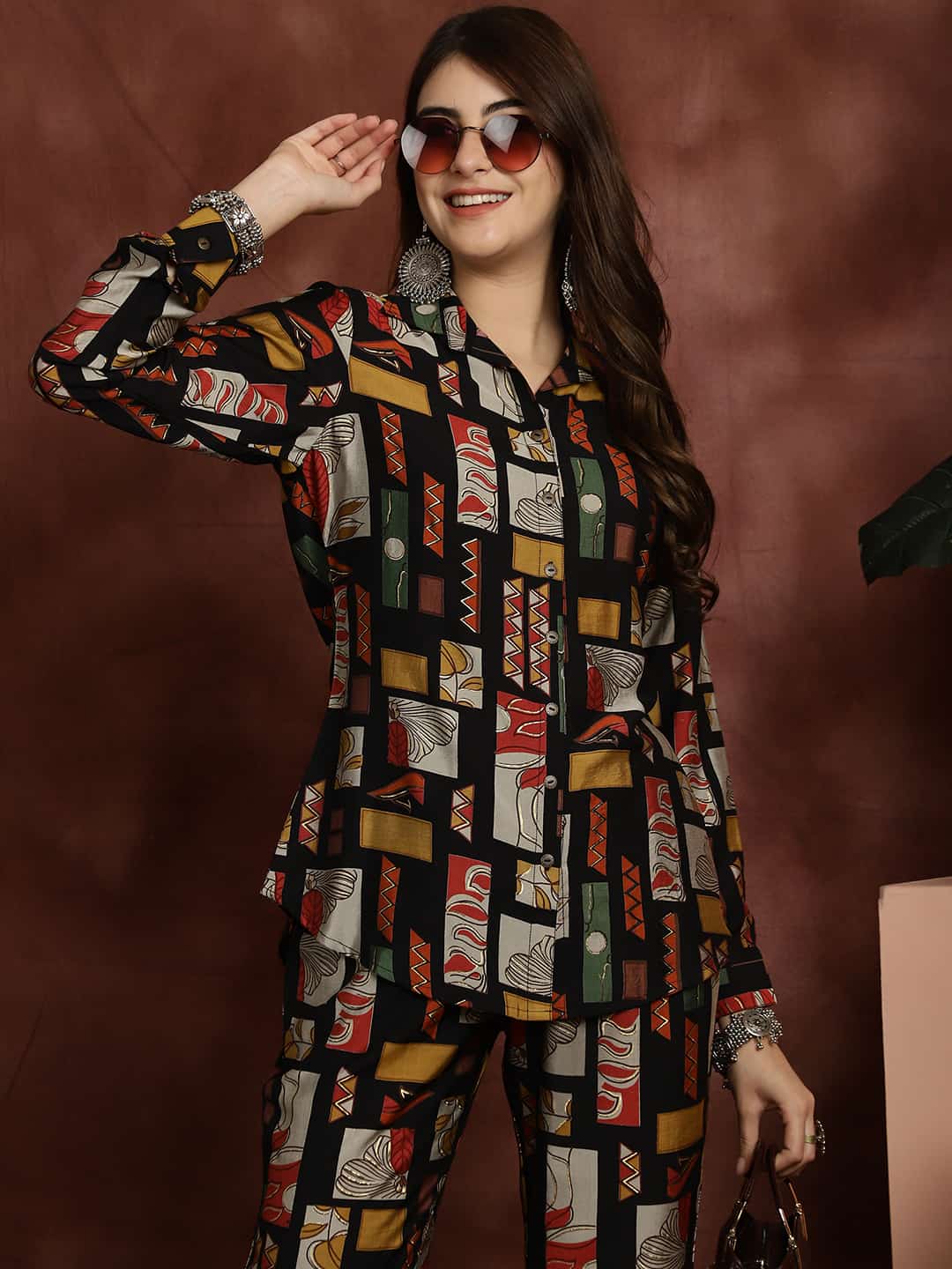 Black Abstract Printed Chanderi Silk Shirt With Trousers Co-ord Set Claura Designs Pvt. Ltd. Cord set Abstract, Chanderi Silk, Co-ord, Co-ord Set, Ethnic, Printed, Rayon