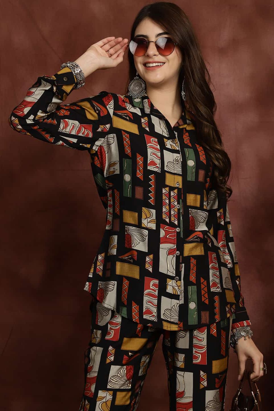 Black Abstract Printed Chanderi Silk Shirt With Trousers Co-ord Set Claura Designs Pvt. Ltd. Cord set Abstract, Chanderi Silk, Co-ord, Co-ord Set, Ethnic, Printed, Rayon