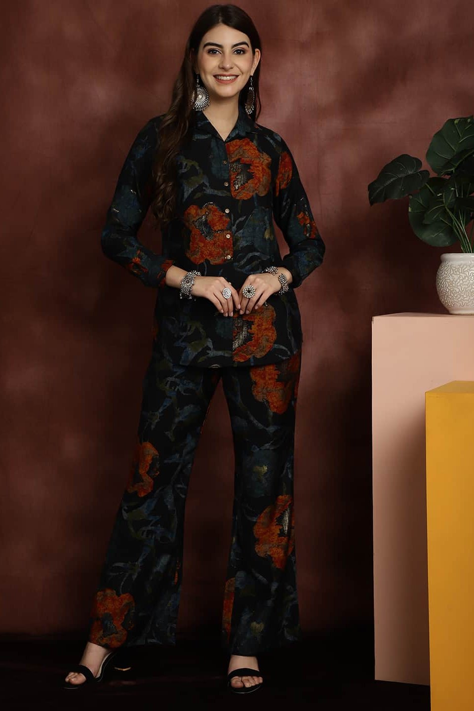Navy Blue Printed Shirt with Trousers Co-Ord Set for Women | Claura

